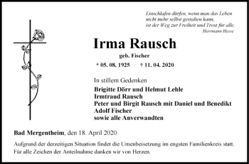 Traueranzeige von Irma Rausch von Fränkische Nachrichten