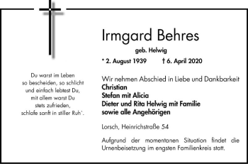 Traueranzeige von Irmgard Behres von Bergsträßer Anzeiger