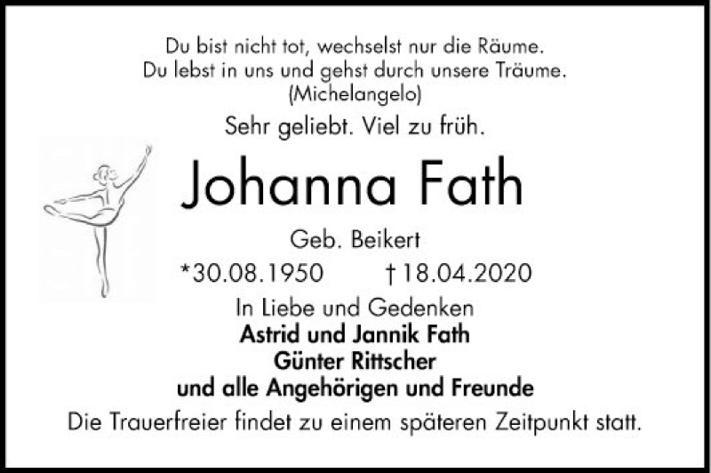  Traueranzeige für Johanna Fath vom 25.04.2020 aus Mannheimer Morgen