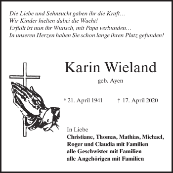 Traueranzeige von Karin Wieland von Mannheimer Morgen