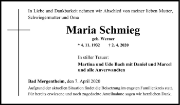 Traueranzeige von Maria Schmieg von Fränkische Nachrichten