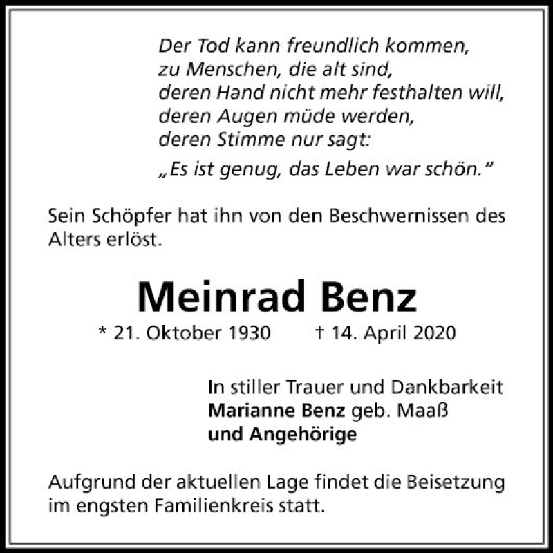  Traueranzeige für Meinrad Benz vom 18.04.2020 aus Mannheimer Morgen