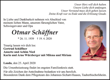 Traueranzeige von Otmar Schäffner von Fränkische Nachrichten