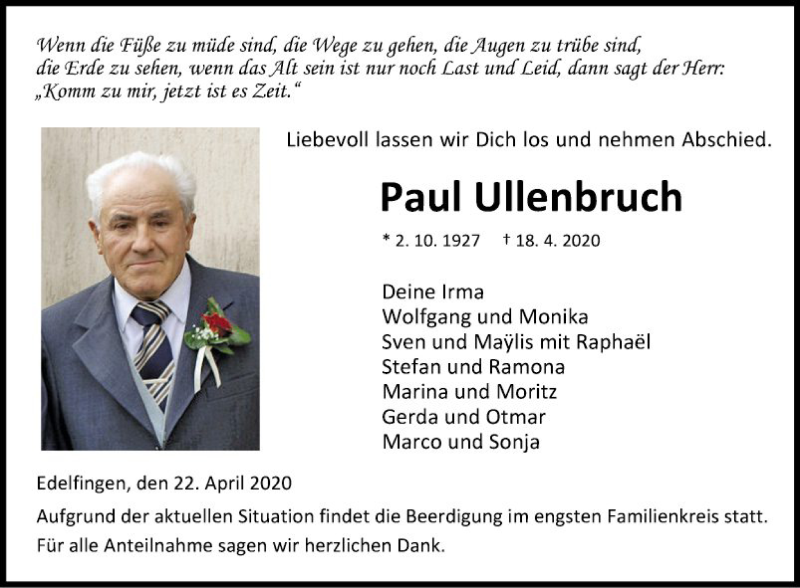  Traueranzeige für Paul Ullenbruch vom 22.04.2020 aus Fränkische Nachrichten