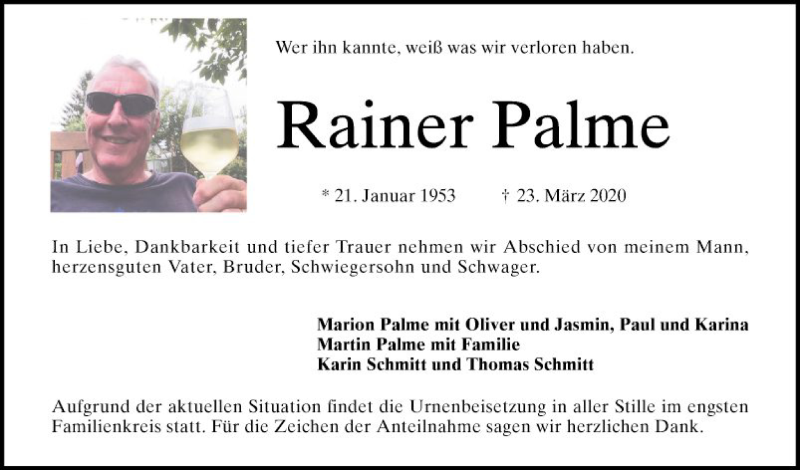  Traueranzeige für Rainer Palme vom 02.04.2020 aus Schwetzinger Zeitung