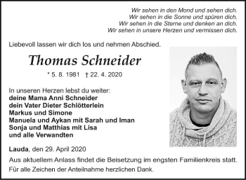 Traueranzeige von Thomas Schneider von Fränkische Nachrichten
