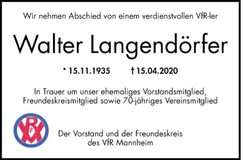  Traueranzeige für Walter Langendörfer vom 18.04.2020 aus Mannheimer Morgen