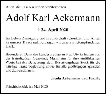 Traueranzeige von Adolf Karl Ackermann von Mannheimer Morgen