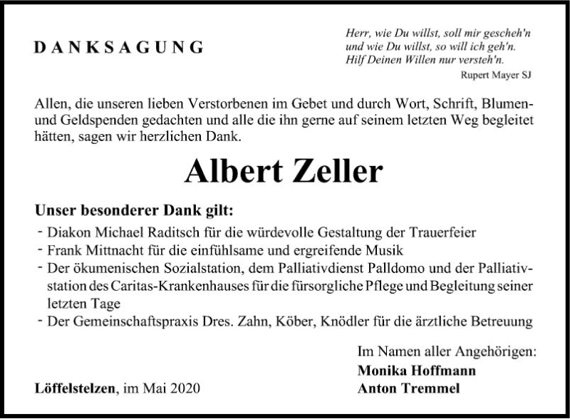  Traueranzeige für Albert Zeller vom 02.05.2020 aus Fränkische Nachrichten