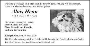 Traueranzeige von Alois Henn von Fränkische Nachrichten