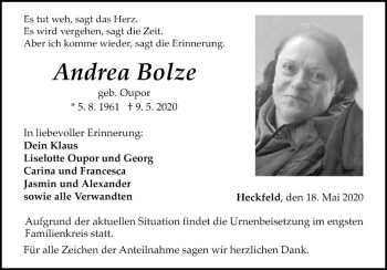 Traueranzeige von Andrea Bolze von Fränkische Nachrichten