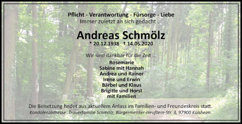 Traueranzeige für Andreas Schmälz vom 20.05.2020 aus Fränkische Nachrichten