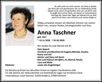 Traueranzeige von Anna Taschner von Fränkische Nachrichten