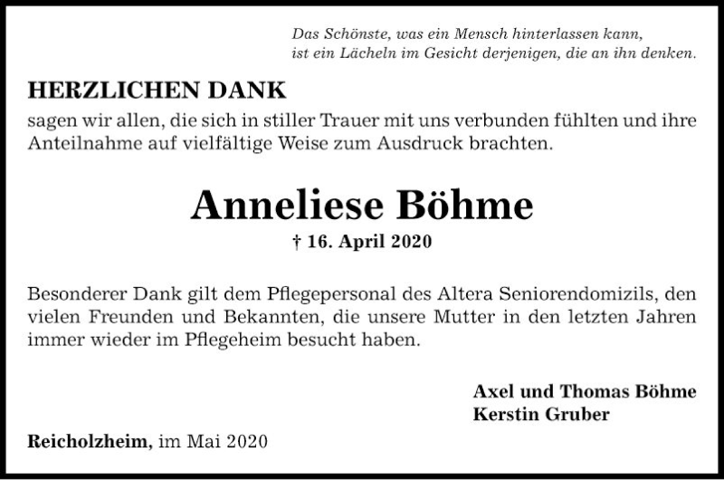  Traueranzeige für Anneliese Böhme vom 30.05.2020 aus Fränkische Nachrichten