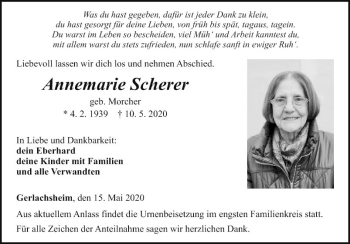 Traueranzeige von Annemarie Scherer von Fränkische Nachrichten