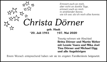 Traueranzeige von Christa Dörner von Schwetzinger Zeitung