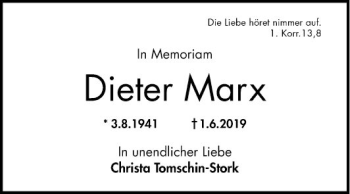 Traueranzeige von Dieter Marx von Mannheimer Morgen