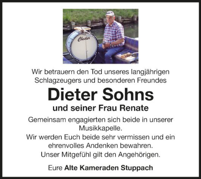  Traueranzeige für Dieter Sohns vom 23.05.2020 aus Fränkische Nachrichten