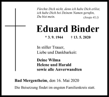 Traueranzeige von Eduard Binder von Fränkische Nachrichten