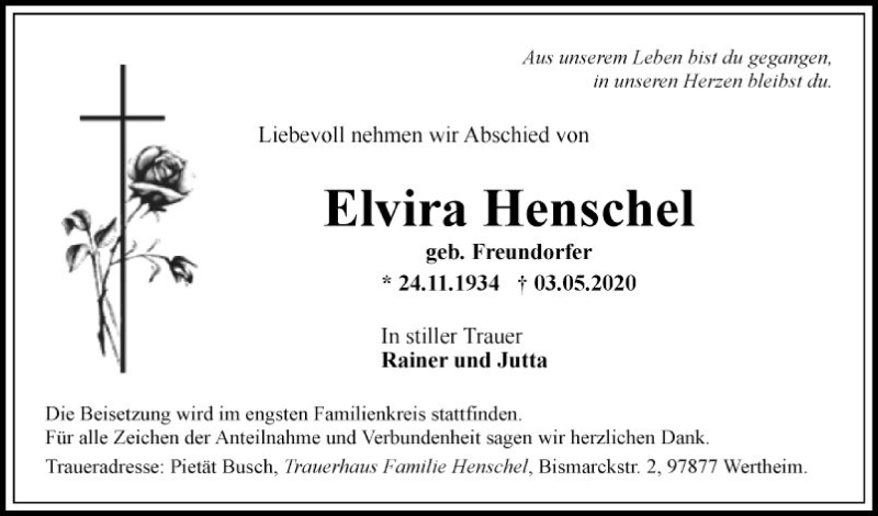  Traueranzeige für Elvira Henschel vom 09.05.2020 aus Fränkische Nachrichten