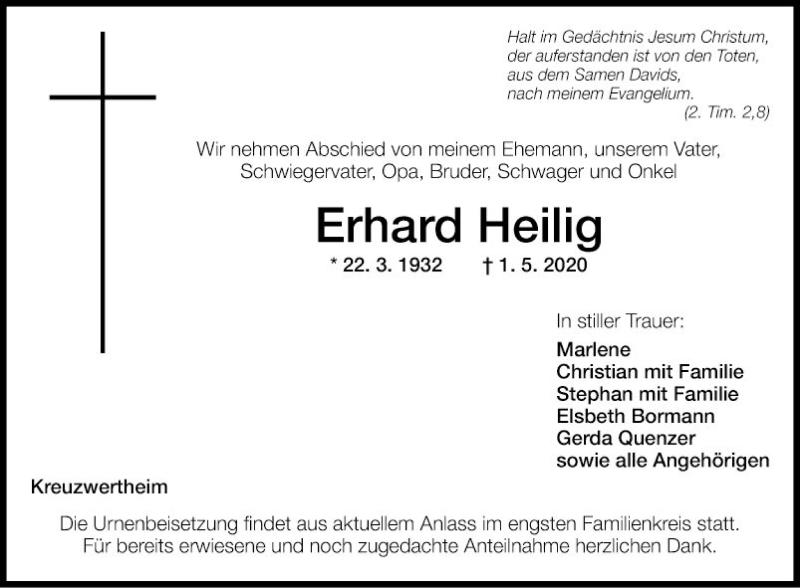  Traueranzeige für Erhard Heilig vom 09.05.2020 aus Fränkische Nachrichten