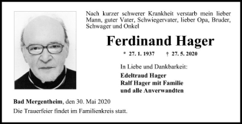 Traueranzeige von Ferdinand Hager von Fränkische Nachrichten