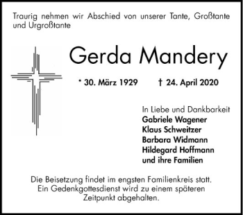 Traueranzeige von Gerda Mandery von Mannheimer Morgen