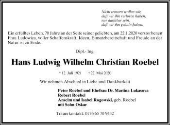 Traueranzeige von Hans Ludwig Wilhelm Christian Roebel von Mannheimer Morgen