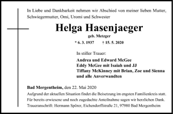 Traueranzeige von Helga Hasenjaeger von Fränkische Nachrichten