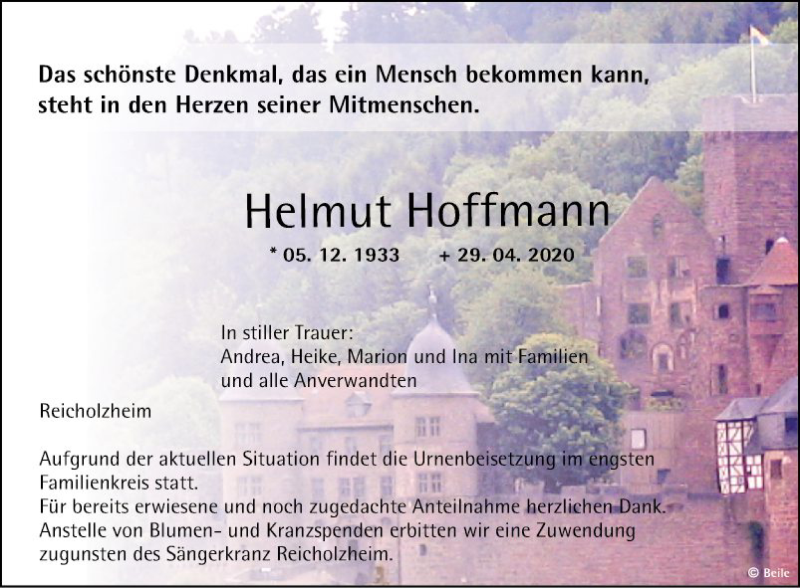  Traueranzeige für Hellmut Hoffmann vom 02.05.2020 aus Fränkische Nachrichten