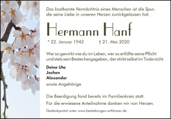 Traueranzeige von Hermann Hanf von Mannheimer Morgen