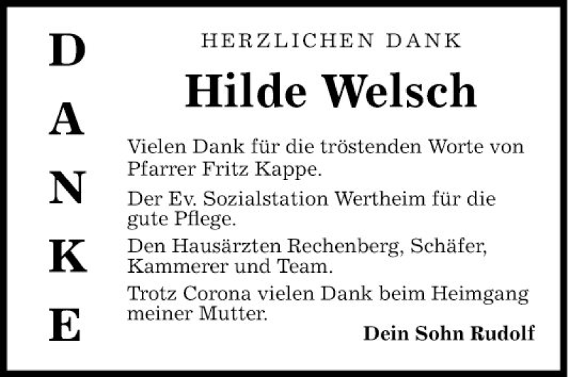  Traueranzeige für Hilde Welsch vom 16.05.2020 aus Fränkische Nachrichten