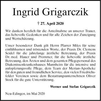 Traueranzeige von Ingrid Grigarczik von Mannheimer Morgen