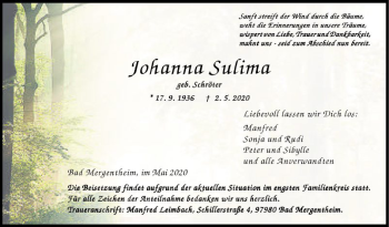 Traueranzeige von Johanna Sulima von Fränkische Nachrichten