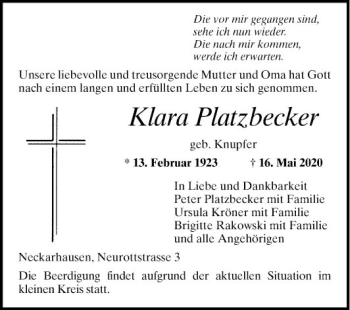 Traueranzeige von Klara Platzbecken von Mannheimer Morgen
