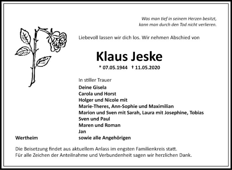  Traueranzeige für Klaus Jeske vom 14.05.2020 aus Fränkische Nachrichten
