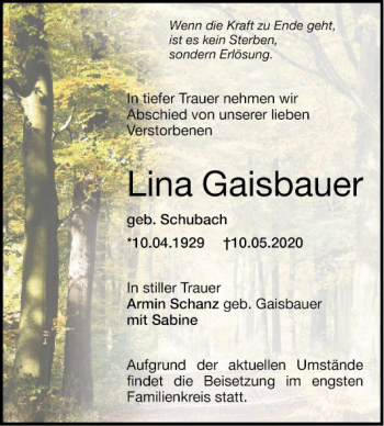 Traueranzeige von Lina Gaisbauer von Mannheimer Morgen