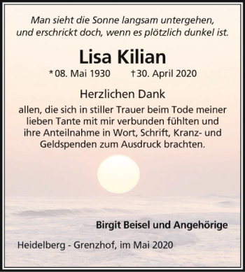 Traueranzeige von Lisa Kilian von Schwetzinger Zeitung