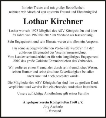 Traueranzeige von Lothar Kirchner von Fränkische Nachrichten