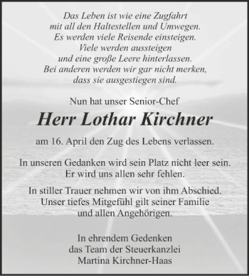 Traueranzeige von Lothar Kirchner von Fränkische Nachrichten