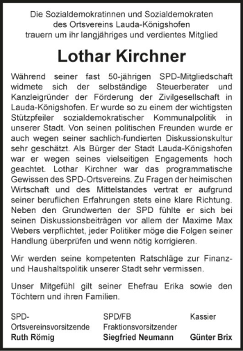 Traueranzeige von Lothar Kirchner von Fränkische Nachrichten