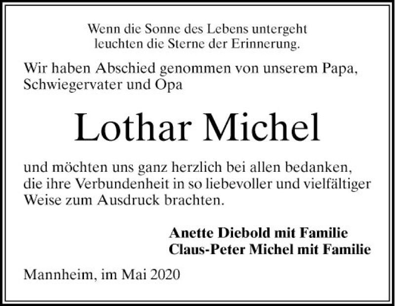  Traueranzeige für Lothar Michel vom 09.05.2020 aus Mannheimer Morgen