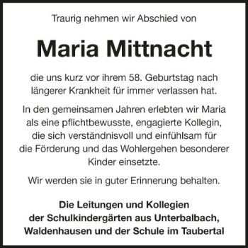 Traueranzeige von Maria Mittnacht von Fränkische Nachrichten
