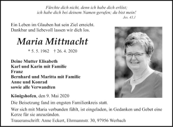 Traueranzeige von Maria Mittnacht von Fränkische Nachrichten