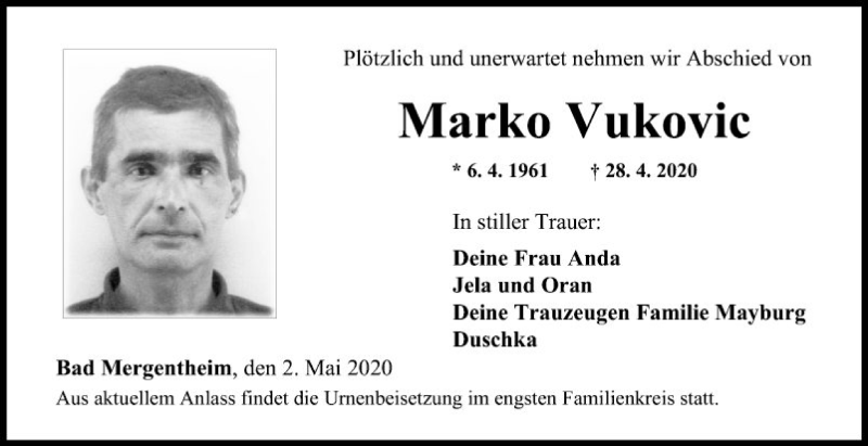  Traueranzeige für Marko Vukovic vom 02.05.2020 aus Fränkische Nachrichten