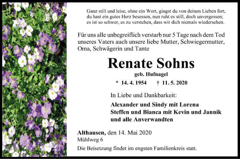  Traueranzeige für Renate Sohns vom 14.05.2020 aus Fränkische Nachrichten