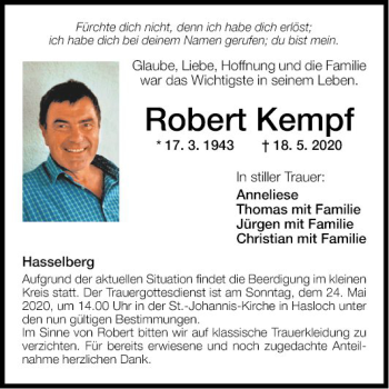 Traueranzeige von Robert Kempf von Fränkische Nachrichten