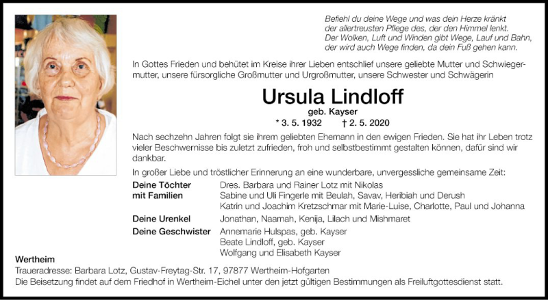  Traueranzeige für Ursula Lindloff vom 06.05.2020 aus Fränkische Nachrichten