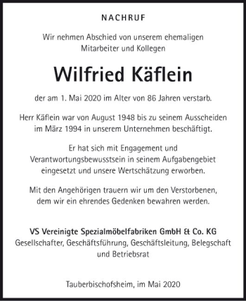 Traueranzeige von Wilfried Käflein von Fränkische Nachrichten