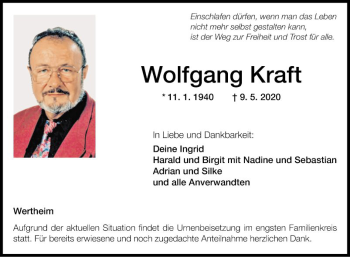 Traueranzeige von Wolfgang Kraft von Fränkische Nachrichten